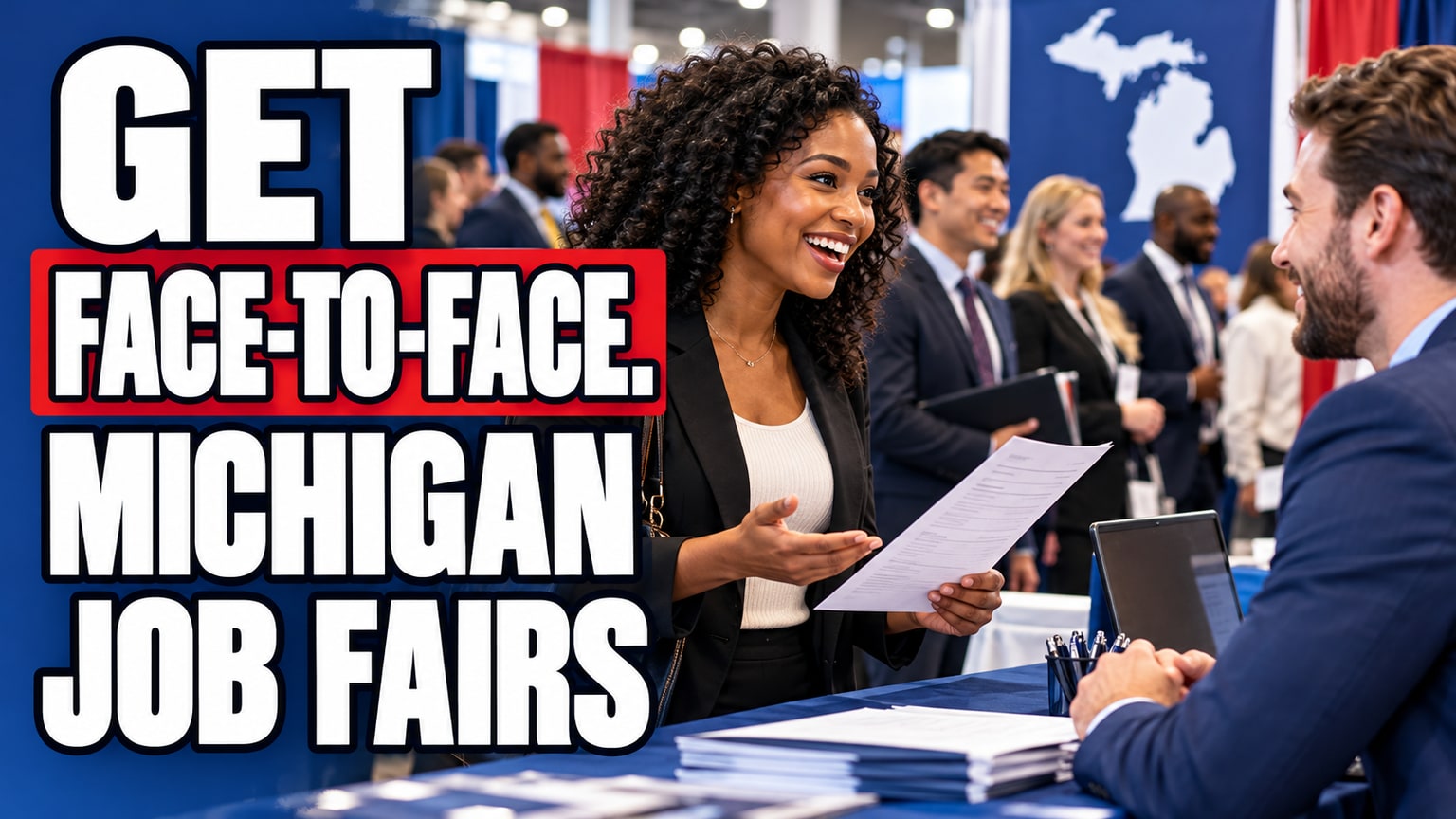 GET FACE-TO-FACE. MICHIGAN JOB FAIRS — AI-generated illustrative career image